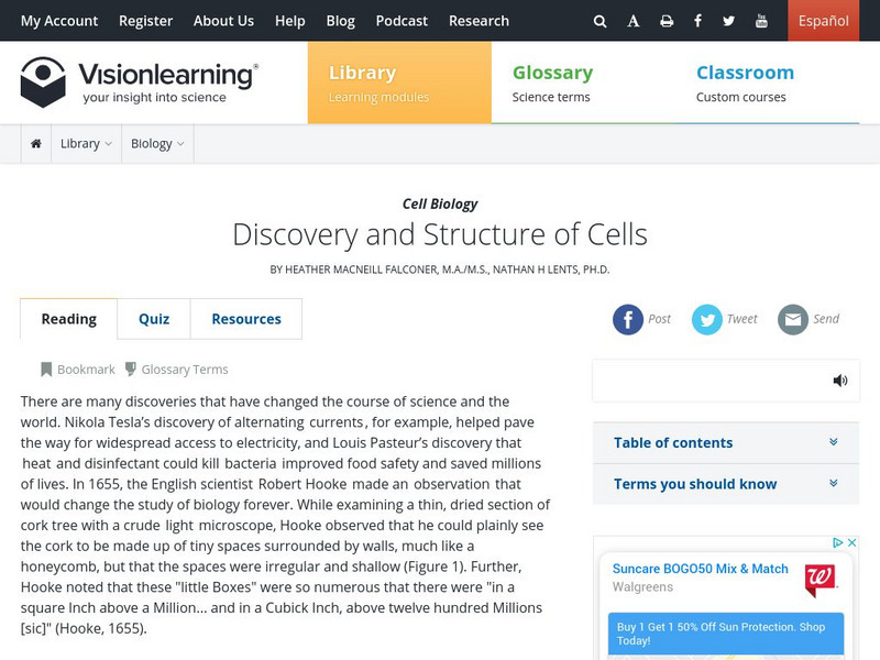 Vision Learning: Cells: Discovery and Basic Structure Unit Plan Vision Learning: Cells: Discovery and Basic Structure Unit Plan