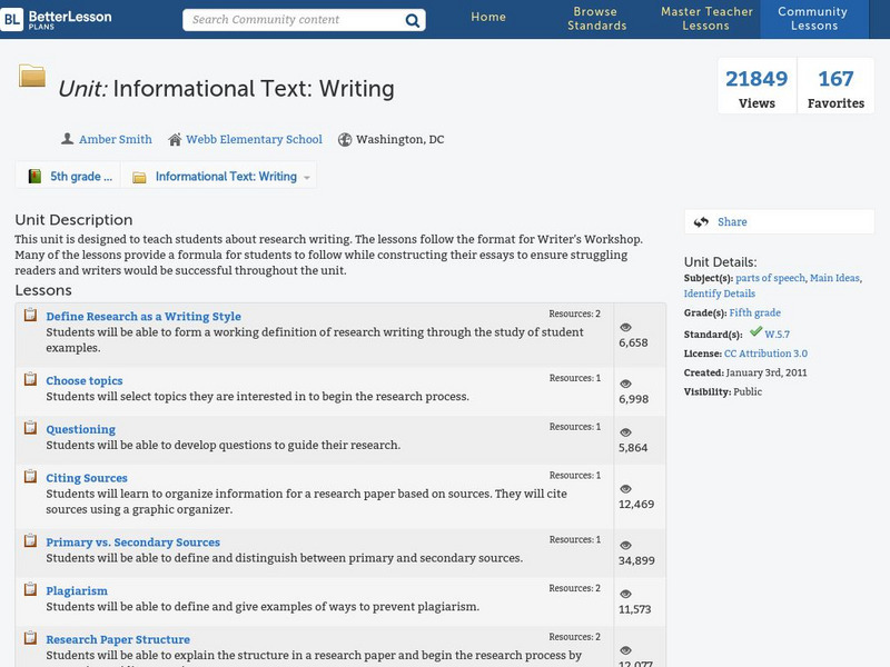 Better Lesson: Unit: Informational Text: Writing Lesson Plan
