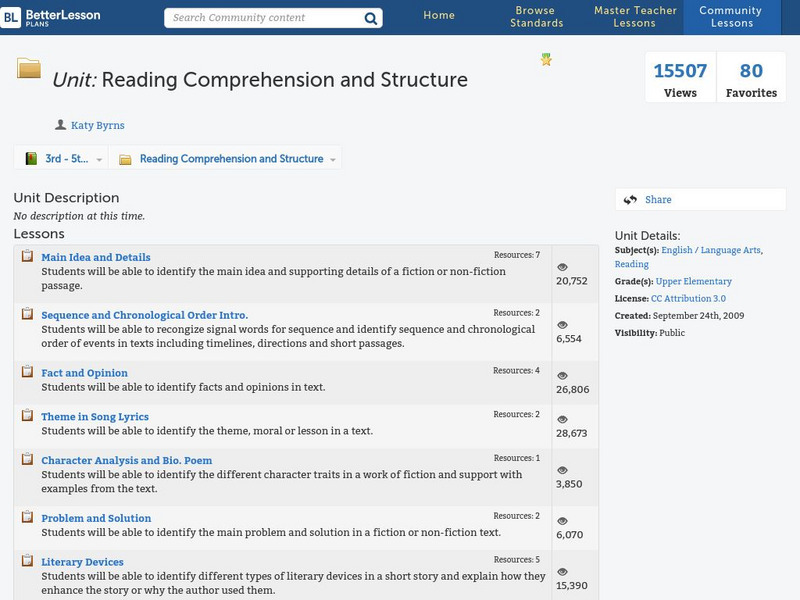 Better Lesson: Unit: Reading Comprehension and Structure Lesson Plan Better Lesson: Unit: Reading Comprehension and Structure Lesson Plan