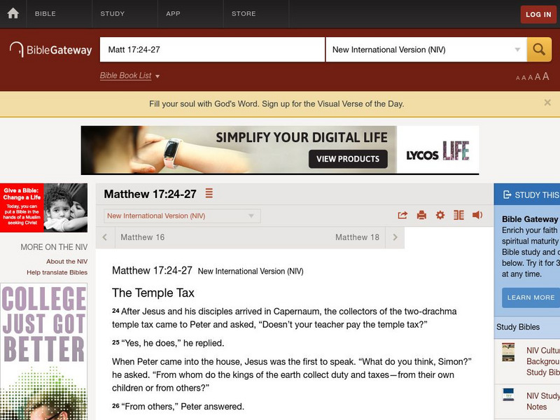 Bible gateway.com: Matthew 17:24 27 Website Bible gateway.com: Matthew 17:24 27 Website
