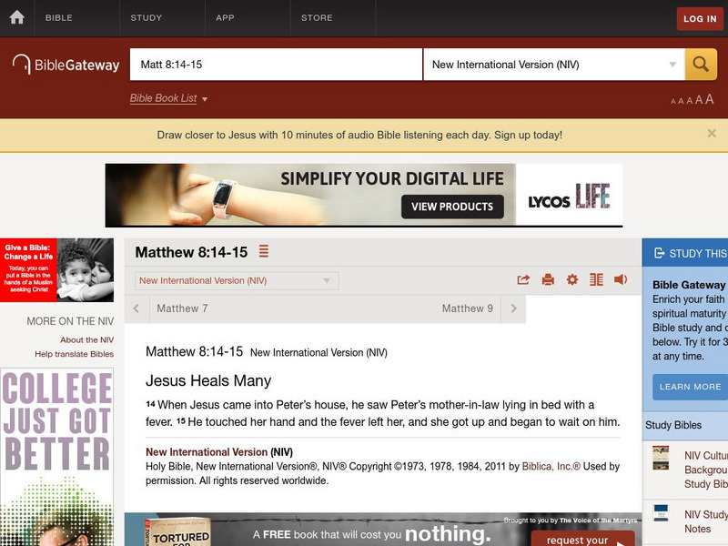 Bible Gateway: Matthew 8:14 15 Website