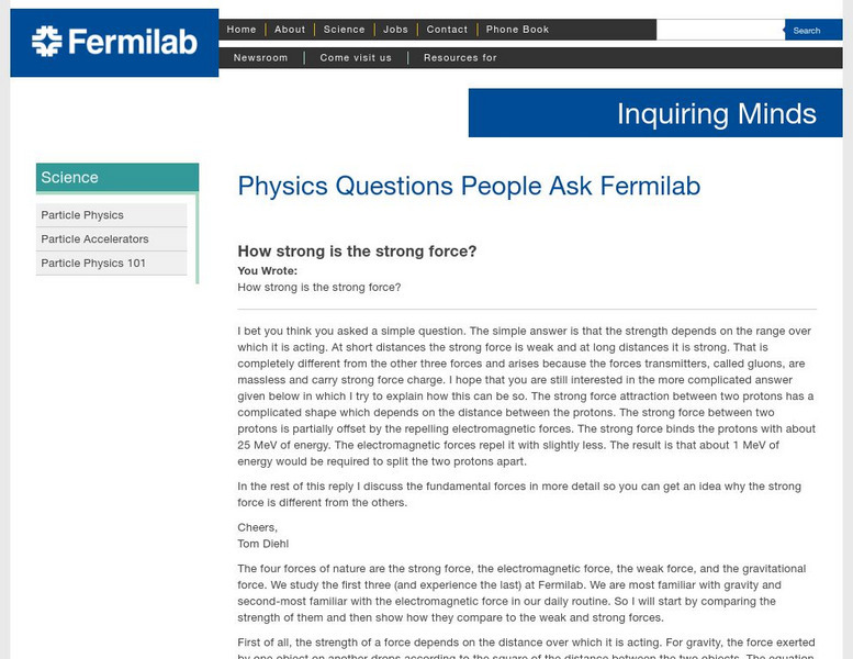Fermi Laboratory:how Strong Is the Strong Force? Website Fermi Laboratory:how Strong Is the Strong Force? Website
