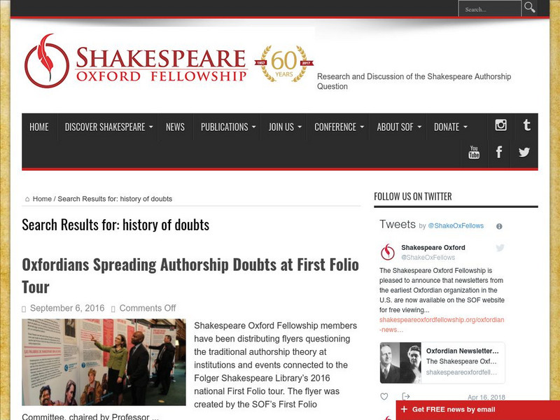 Shakespeare Oxford Society: History of Doubts Article Shakespeare Oxford Society: History of Doubts Article