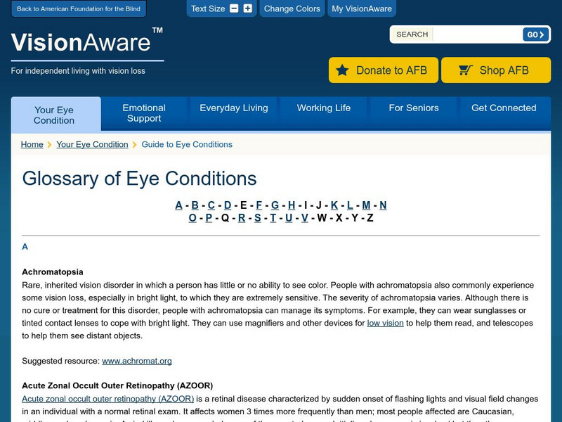 American Foundation for the Blind: Glossary of Eye Conditions Handout American Foundation for the Blind: Glossary of Eye Conditions Handout