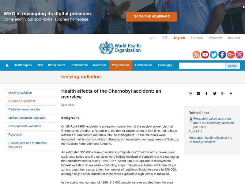 World Health Organization: Health Effects of the Chernobyl Accident Article World Health Organization: Health Effects of the Chernobyl Accident Article