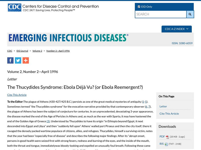 Centers for Disease Control: Emerging Infectious Diseases: The Thucydides Syndrome Primary Centers for Disease Control: Emerging Infectious Diseases: The Thucydides Syndrome Primary