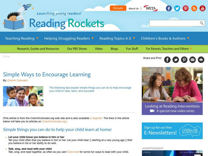 Reading Rockets: Simple Ways to Encourage Learning Website Reading Rockets: Simple Ways to Encourage Learning Website