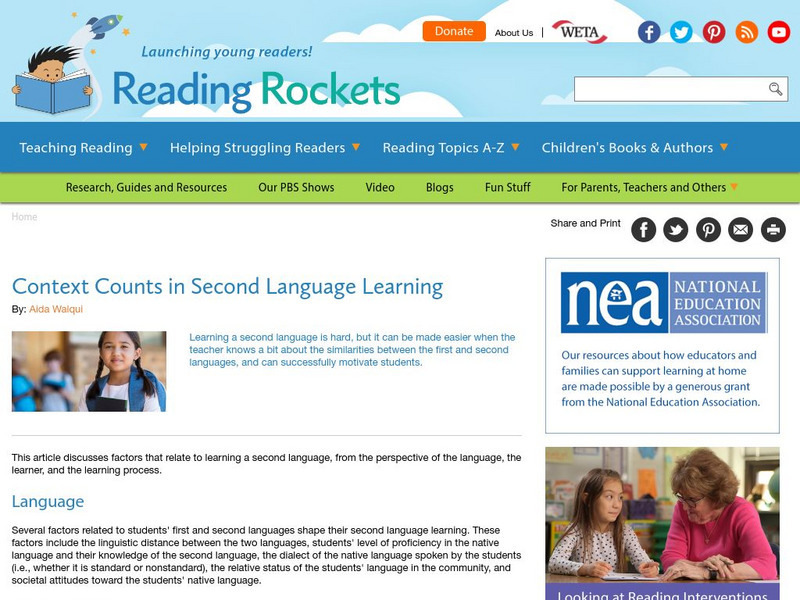 Reading Rockets: Context Counts in Second Language Learning Website Reading Rockets: Context Counts in Second Language Learning Website