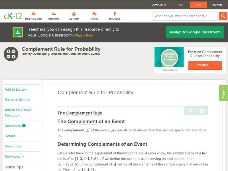 Ck 12: Probability: Complement Rule for Probability Grades 11 12 Unit Plan Ck 12: Probability: Complement Rule for Probability Grades 11 12 Unit Plan