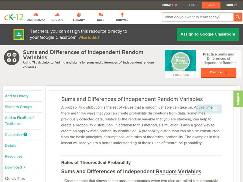 Ck 12: Sums and Differences of Independent Random Variables Unit Plan