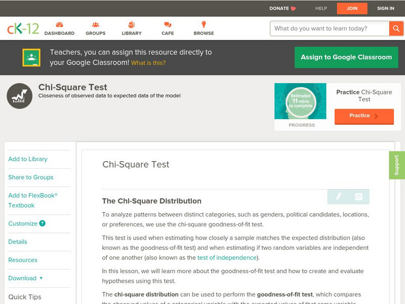 Ck 12: Statistics: Chi Square Test Unit Plan Ck 12: Statistics: Chi Square Test Unit Plan