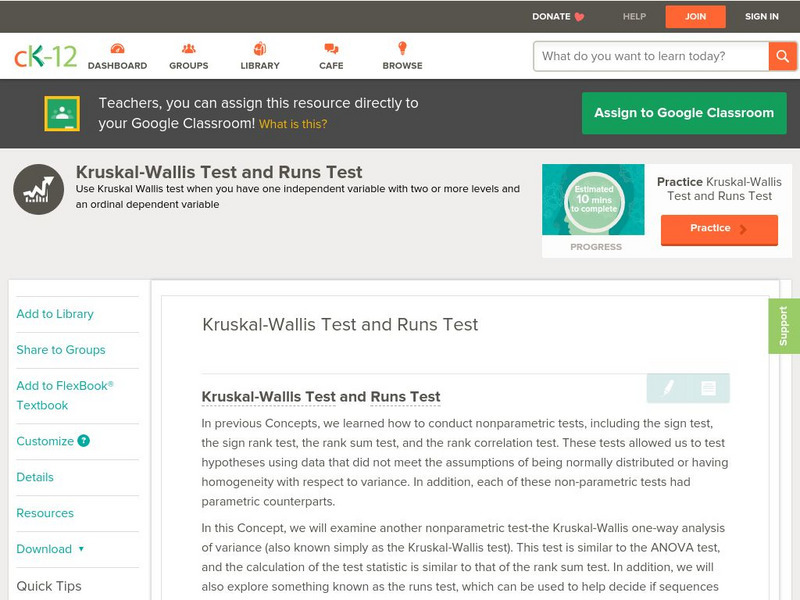 Ck 12: Statistics: Kruskal Wallis Test and Runs Test Unit Plan Ck 12: Statistics: Kruskal Wallis Test and Runs Test Unit Plan
