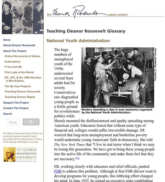 Eleanor Roosevelt Papers Project: National Youth Administration Handout Eleanor Roosevelt Papers Project: National Youth Administration Handout