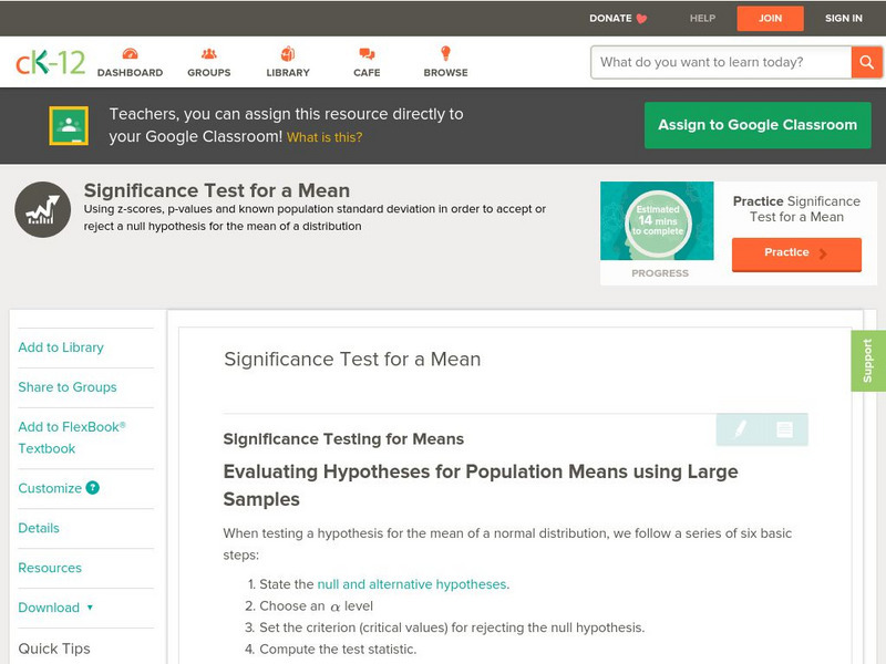 Ck 12: Statistics: Significance Test for a Mean Unit Plan Ck 12: Statistics: Significance Test for a Mean Unit Plan