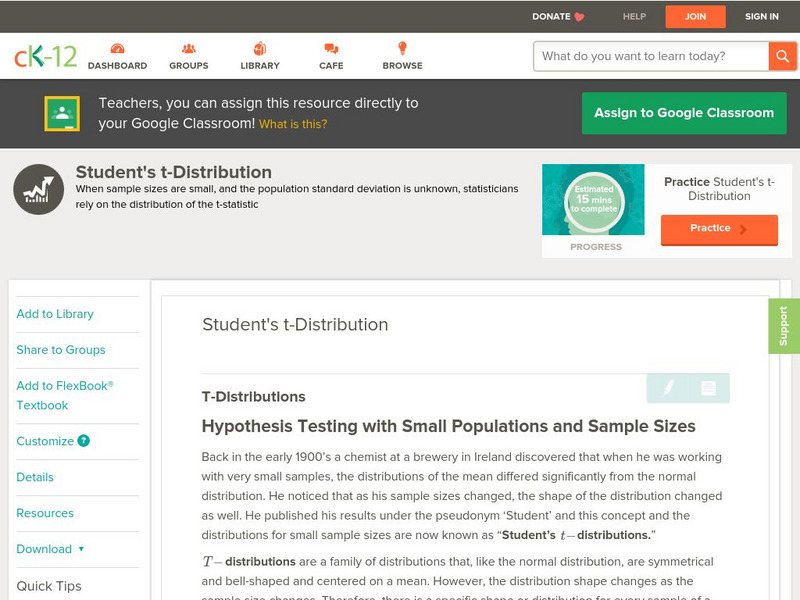 Ck 12: Statistics: Student's T Distribution Unit Plan Ck 12: Statistics: Student's T Distribution Unit Plan