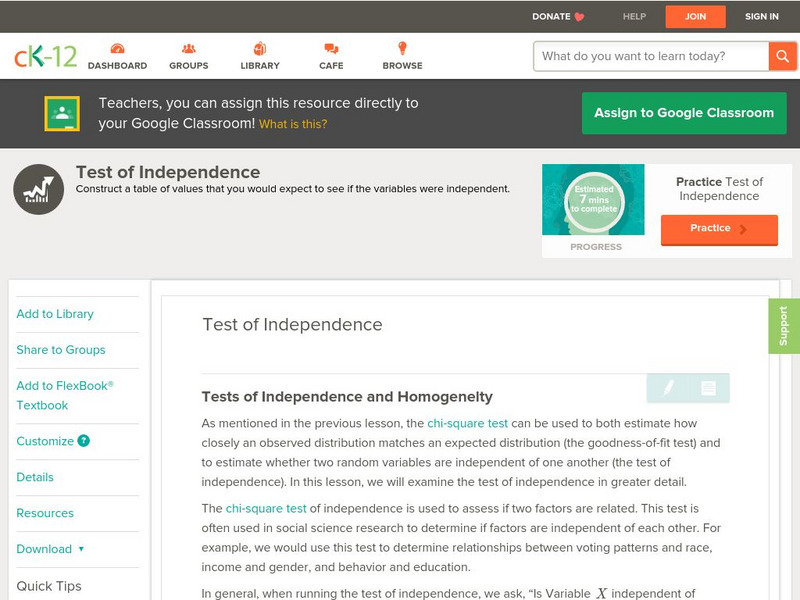 Ck 12: Statistics: Test of Independence Unit Plan Ck 12: Statistics: Test of Independence Unit Plan
