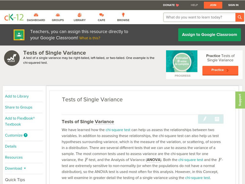 Ck 12: Statistics: Tests of Single Variance Unit Plan Ck 12: Statistics: Tests of Single Variance Unit Plan