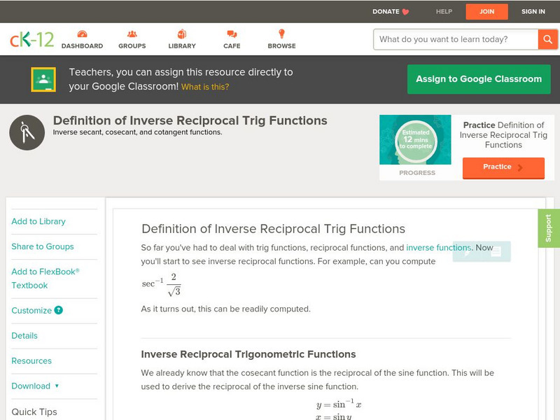 Ck 12: Trigonometry: Definition of Inverse Reciprocal Trig Functions Unit Plan Ck 12: Trigonometry: Definition of Inverse Reciprocal Trig Functions Unit Plan