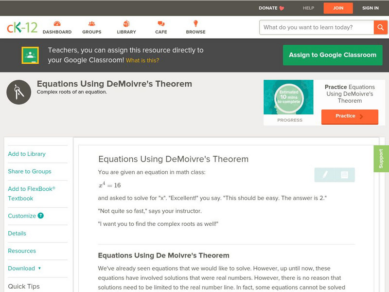 Ck 12: Trigonometry: Equations Using De Moivre's Theorem Unit Plan Ck 12: Trigonometry: Equations Using De Moivre's Theorem Unit Plan