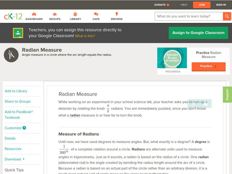 Ck 12: Trigonometry: Radian Measure Unit Plan Ck 12: Trigonometry: Radian Measure Unit Plan