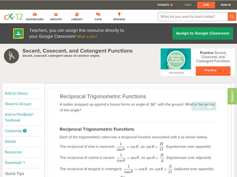 Ck 12: Trigonometry: Secant, Cosecant, and Cotangent Functions Unit Plan Ck 12: Trigonometry: Secant, Cosecant, and Cotangent Functions Unit Plan
