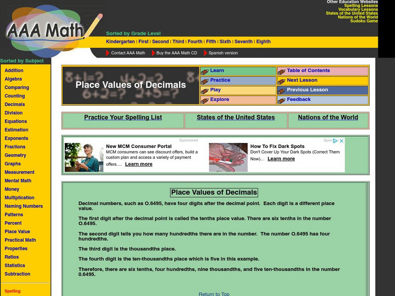 Aaa Math: Decimal Place Value Unit Plan Aaa Math: Decimal Place Value Unit Plan