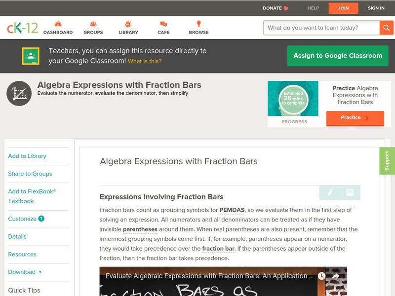 Ck 12: Algebra: Algebra Expressions With Fraction Bars Unit Plan Ck 12: Algebra: Algebra Expressions With Fraction Bars Unit Plan