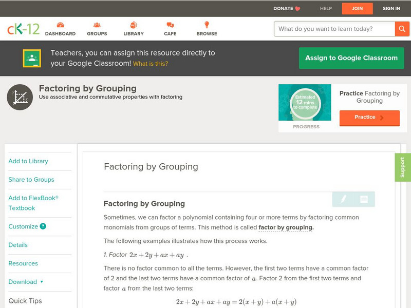 Ck 12: Algebra: Factoring by Grouping Unit Plan Ck 12: Algebra: Factoring by Grouping Unit Plan