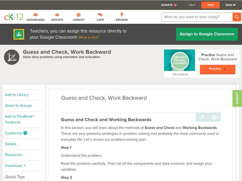 Ck 12: Algebra: Guess and Check, Work Backward Unit Plan Ck 12: Algebra: Guess and Check, Work Backward Unit Plan