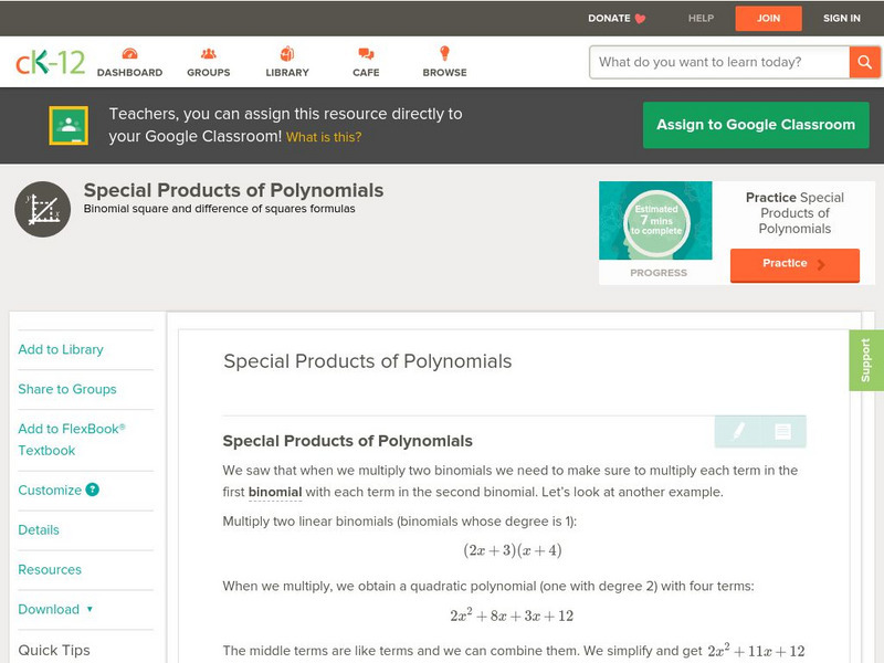 Ck 12: Algebra: Special Products of Polynomials Unit Plan Ck 12: Algebra: Special Products of Polynomials Unit Plan