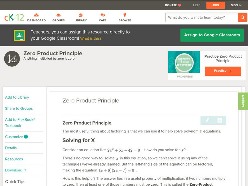 Ck 12: Algebra: Zero Product Principle Unit Plan Ck 12: Algebra: Zero Product Principle Unit Plan