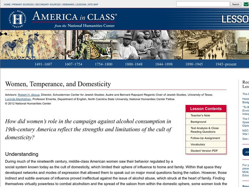 National Humanities Center: America in Class: Women, Temperance Reform, and the Cult of Domesticity Lesson Plan National Humanities Center: America in Class: Women, Temperance Reform, and the Cult of Domesticity Lesson Plan