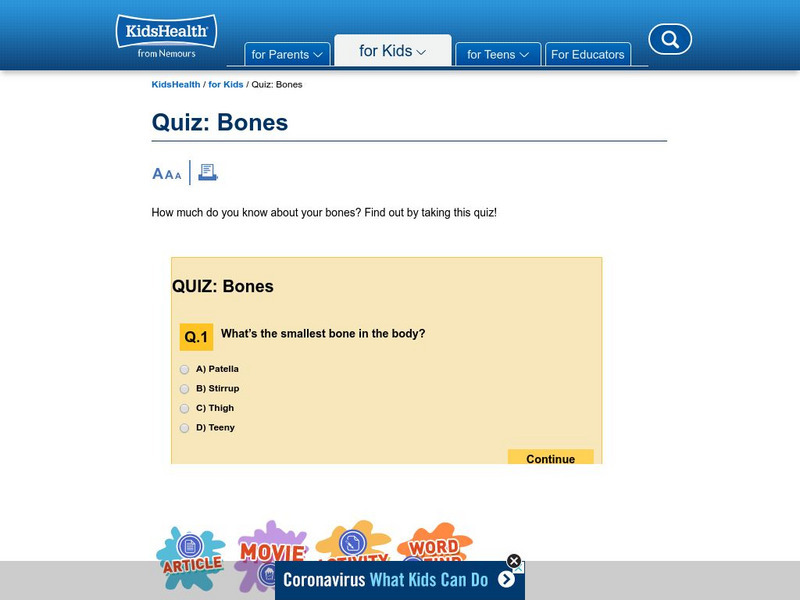 Kids Health: Bones Quiz Unknown Type