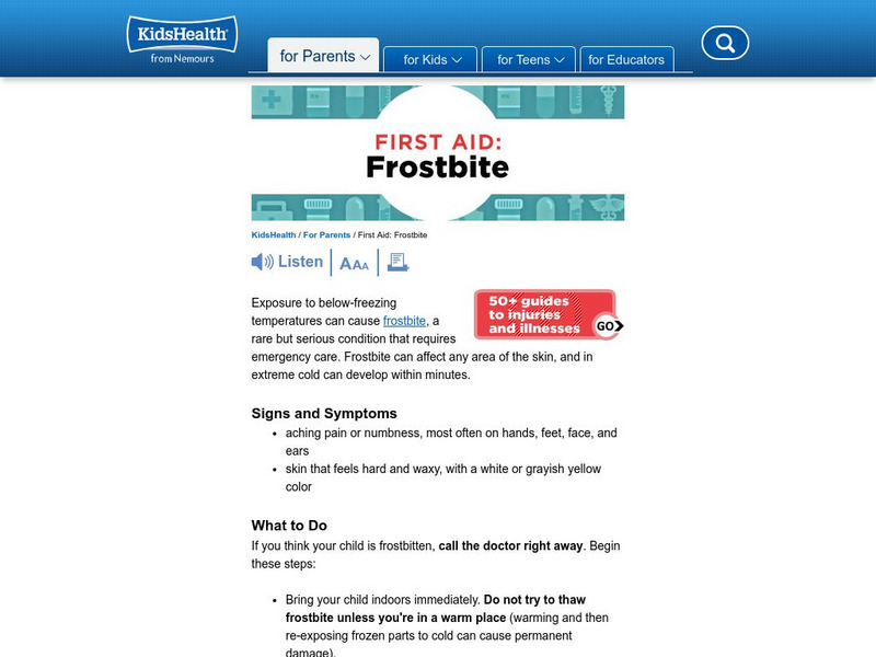 Kids Health: Frostbite Instruction Sheet Website