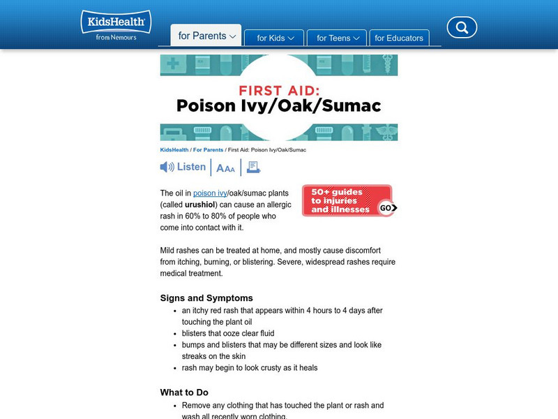 Kids Health: Poison Ivy/ Oak/ Sumac Handout Kids Health: Poison Ivy/ Oak/ Sumac Handout