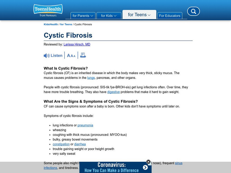 Kids Health: Cystic Fibrosis Article Kids Health: Cystic Fibrosis Article
