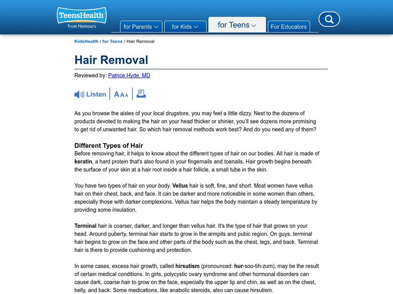 Kids Health: How Can I Remove Hair Safely? Handout Kids Health: How Can I Remove Hair Safely? Handout