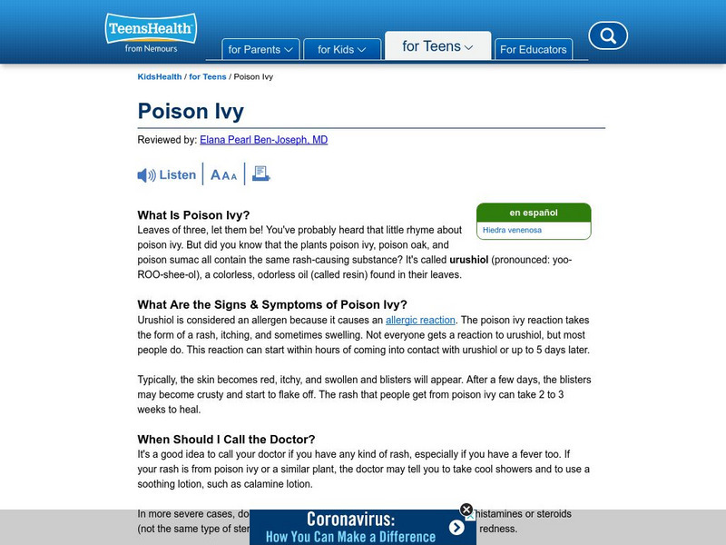Kids Health: Poison Ivy Handout Kids Health: Poison Ivy Handout
