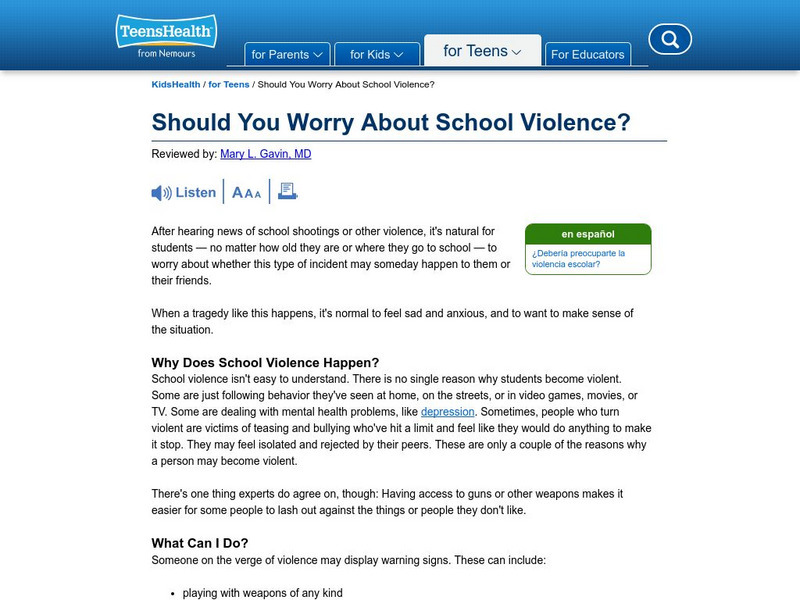 Kids Health: Should You Worry About School Violence? Website Kids Health: Should You Worry About School Violence? Website