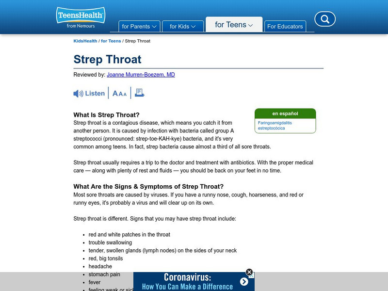 Kids Health: Strep Throat Handout Kids Health: Strep Throat Handout