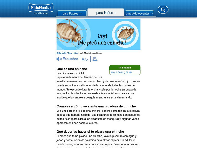 Kids Health: Ay! Me Pico Un Chinche! Website