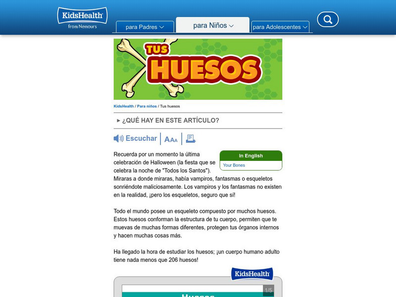 Kids Health: Tus Huesos Website