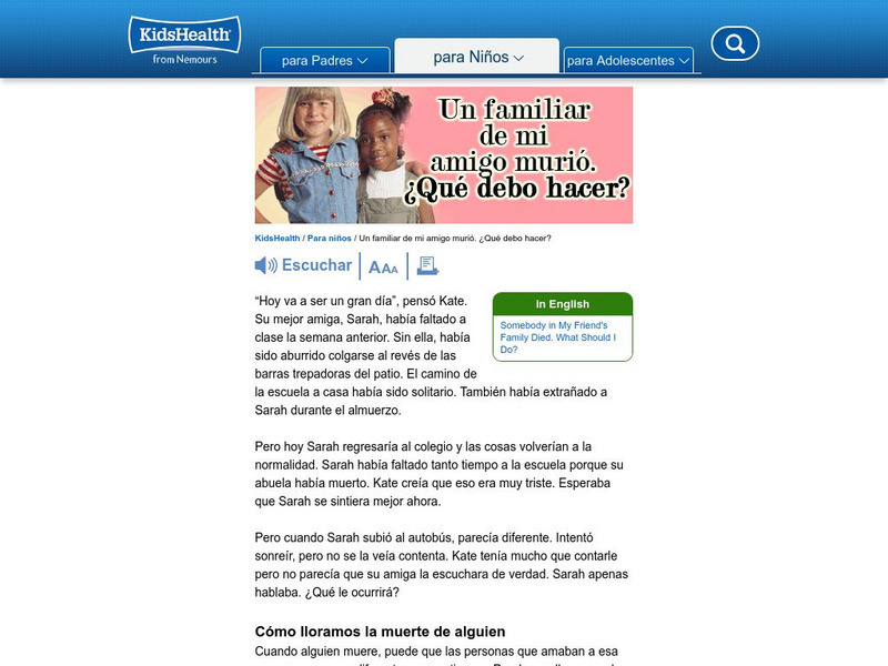 Kids Health: La Muerte Y El Duelo Article