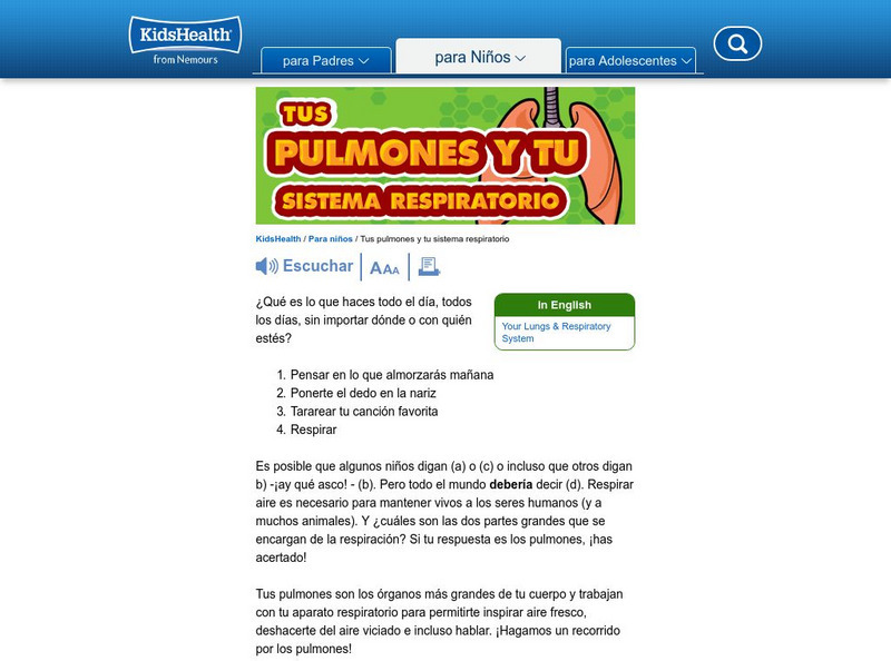 Kids Health: Tus Pulmones Y Tu Sistema Respitorio Website Kids Health: Tus Pulmones Y Tu Sistema Respitorio Website
