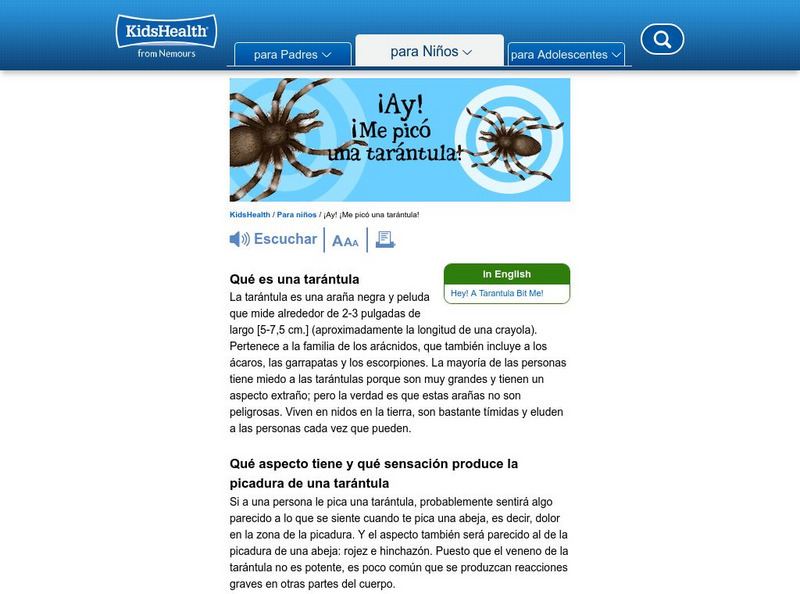 Kids Health: Ay! Me Pico Una Tarantula! Website Kids Health: Ay! Me Pico Una Tarantula! Website