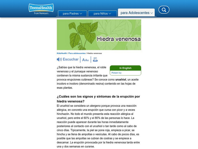 Kids Health: Hiedra Venenosa Website
