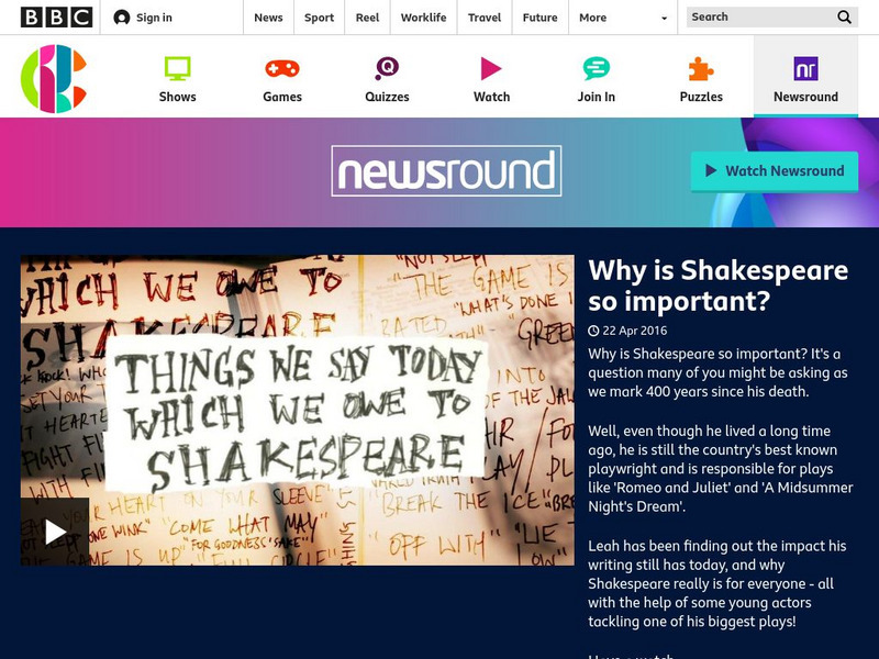 Bbc Newsround: Week of 4 25 16: Why Is Shakespeare So Important? Article Bbc Newsround: Week of 4 25 16: Why Is Shakespeare So Important? Article