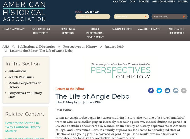 American Historical Association: Angie Debo Website American Historical Association: Angie Debo Website