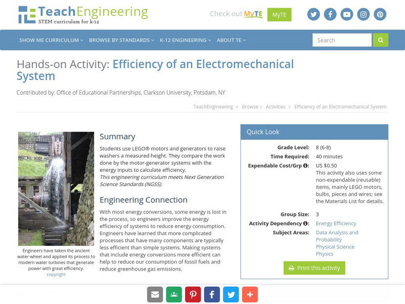 Teach Engineering: Efficiency of an Electromechanical System Activity Teach Engineering: Efficiency of an Electromechanical System Activity