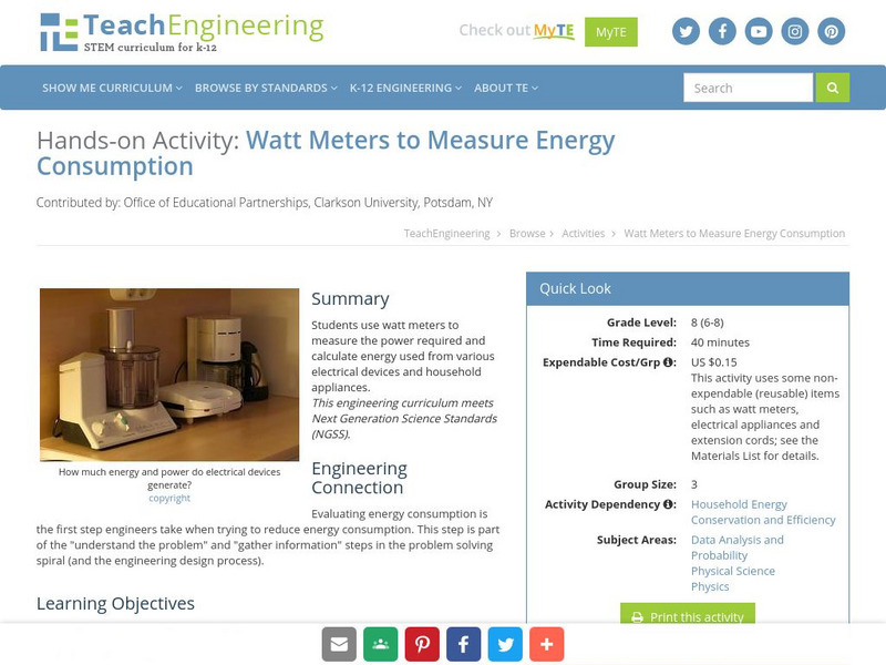 Teach Engineering: Watt Meters to Measure Energy Consumption Activity Teach Engineering: Watt Meters to Measure Energy Consumption Activity